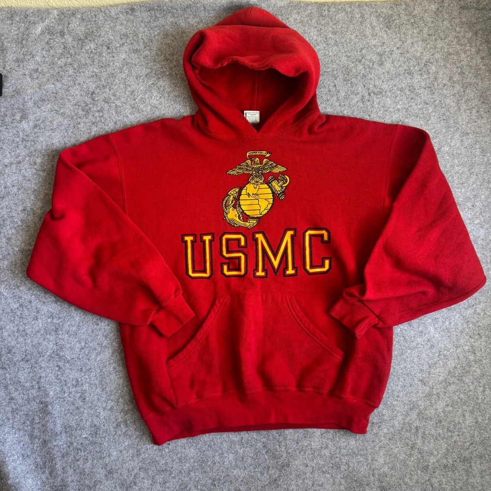 M.J. Soffe Mens USMC Pullover Hoodie Large Red Graphic Fleece Sweatshirt